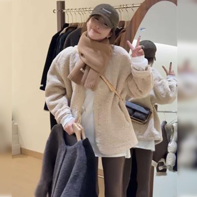 女性用韓国高級プラッシュジャケット2024年秋冬デザインプラスベルベット厚みのあるショートトップ