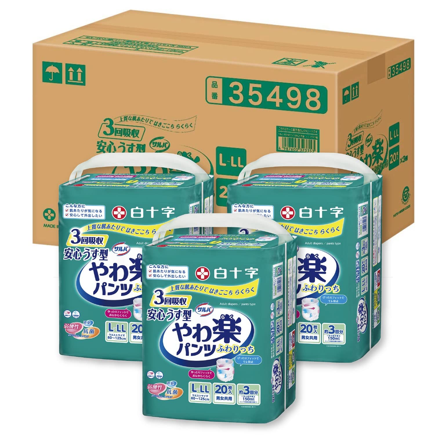 サルバ 白十字 パンツタイプ やわ楽 安心うす型 L~LL 3回 20枚×3個【歩ける方・座れる方に】【ケース販売】