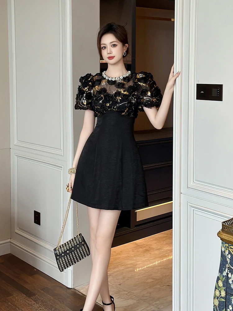 夏 お姫様 フリル 花飾り ショート ドレス パーティー キャバ 大人 同窓会 披露宴 卒業式 結婚式 演奏会 ウェディング 二次会