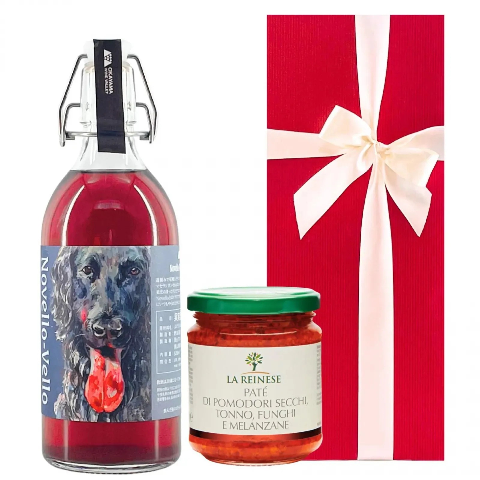 [ワインギフト] 国産 ナチュラル赤ワイン 520ml ＆ ドライトマトとツナのパテ グルメセット ギフト箱入り 岡山ワインバレー ノベッロベッロ [ラッピング付]