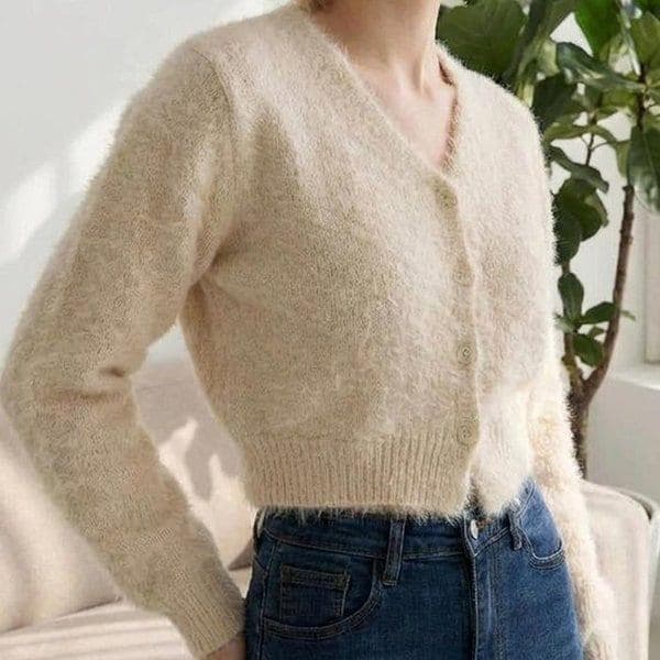 女性クロップカーディガンVネックニットカーディガン