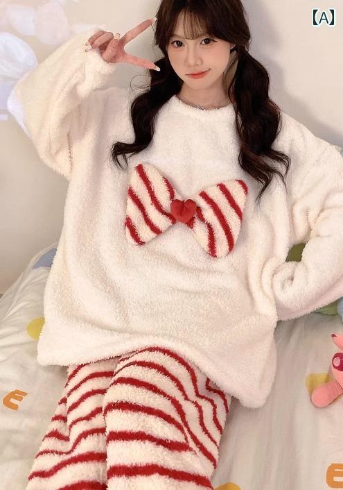 ルームウェア レディース パジャマ 部屋着 ガーリー 秋冬 長袖 ラウンドネック ボーダー ホワイト