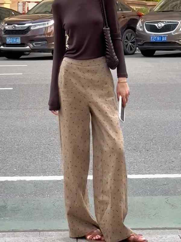 レディース ファッション オシャレ カワイイ シンプル 人カワイイ きいサイズ シンプル 茶色 プリント 薄手 カジュアル パンツ ハイウエスト ロング パンツ ワイド