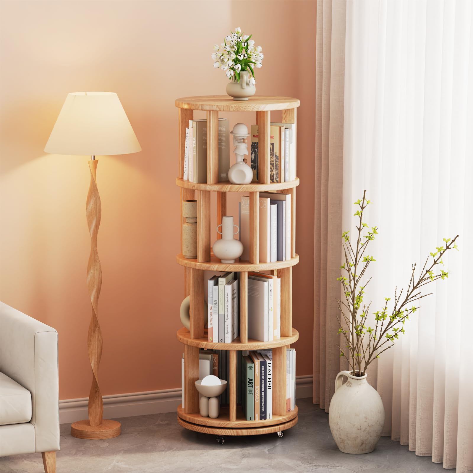 Mangowood 本棚 天然木製 回転式本棚 4段 - 大容量 コミックラック キャスター付き 絵本棚 漫画 収納棚 CD/DVDラック 回転ラック ブックシェルフ 無垢家具 直径44cm×