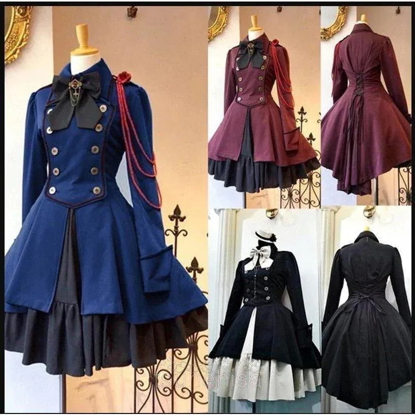 膝丈ワンピース 軍服風 ロリータ ワンピース ゴスロリ ドレス 長袖 コスプレ 衣装 制服 スカート4色