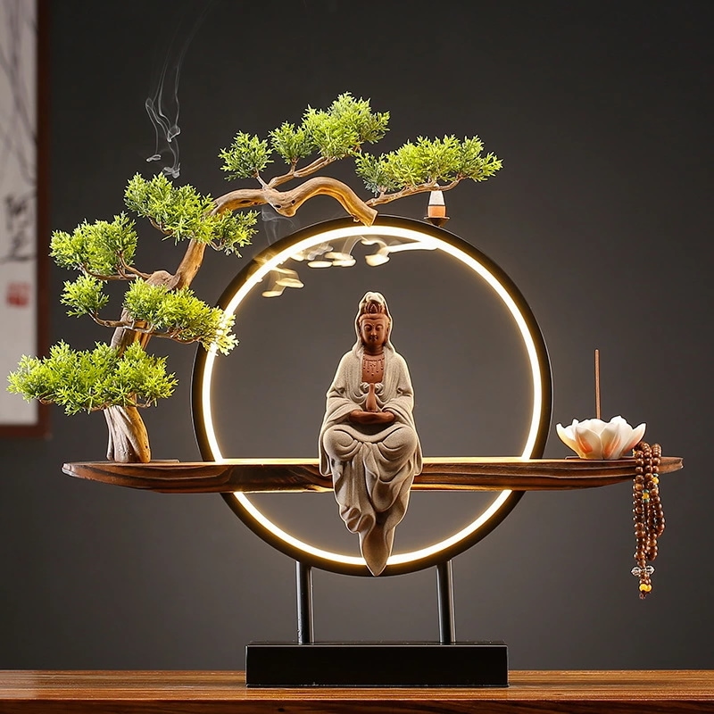観音像 観世音菩薩 観自在菩薩 仏像 観音菩薩 LEDライト 迎客松 台座　倒流香 香炉 お香ホルダー 流川香 香炉用品 セラミック 置物 開運 風水 ドラゴンボール お香立て 幻想 インテリア
