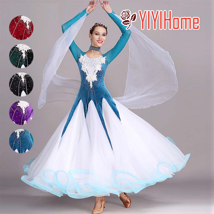 レディース 社交ダンス衣装 モダンドレス レースワンピース ビジュー ラインストーン キャミソール 長袖 パステルカラー レッド　ブラック 上品 華やか キレイ ゴージャス 豪華 高級 大会 競技用