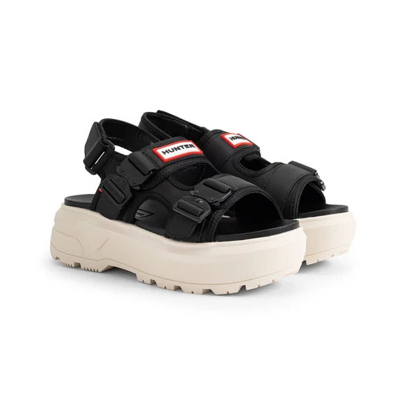 返品交換不可 現品限り処分 ハンター HUNTER ユニセックス シティ リベル ネオ レザー バックル サンダル ブラック キャンバスクリーム UFD3109LEA-BLV