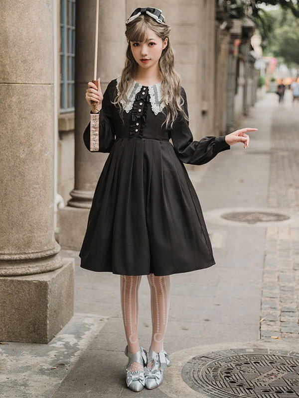 【短納期】スウィートロリータドレスOPラッフルズボウロングスリーブロリータワンピースドレス