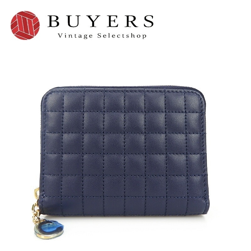 中古 CELINE セリーヌ 10B663BFL.07BF コンパクトジップウォレット Cチャーム カーフスキン ダークブルー ネイビー 濃紺 ゴールド金具 小物 compacr zipped w