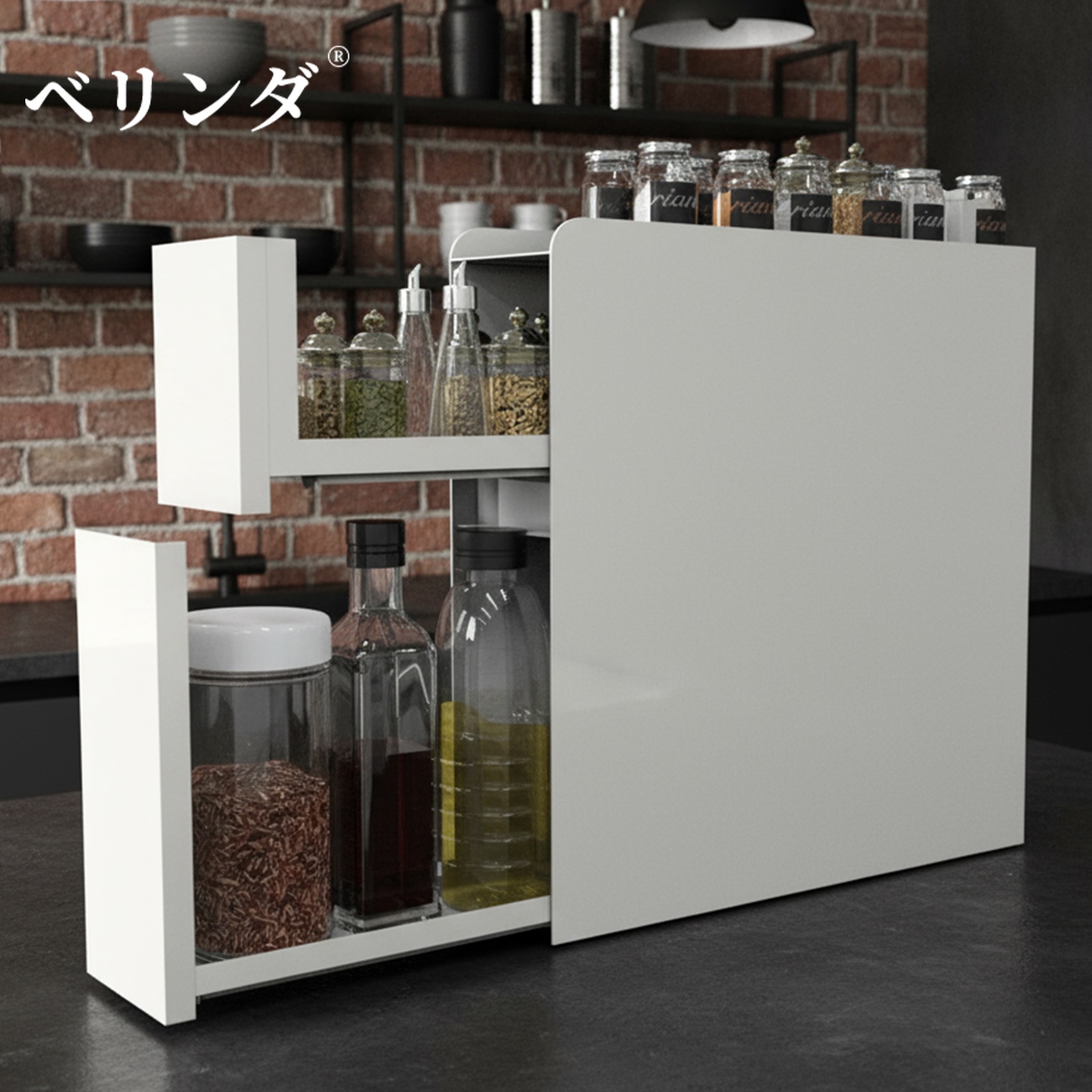 【一体成型・取付不要】隠せる調味料ラック 2段 幅12.4cm 奥行50cm 高さ50cm 調味料収納 台所用 大容量 引き出し式 コンロ横 キッチンラック ホワイト