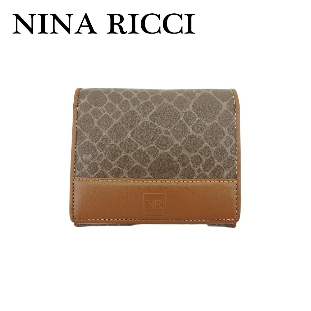 【中古】 ニナ リッチ 二つ折り 財布 ミニ財布 レディース ヌーボー柄 ブラウン ベージュ PVCレザー NINA RICCI T22301