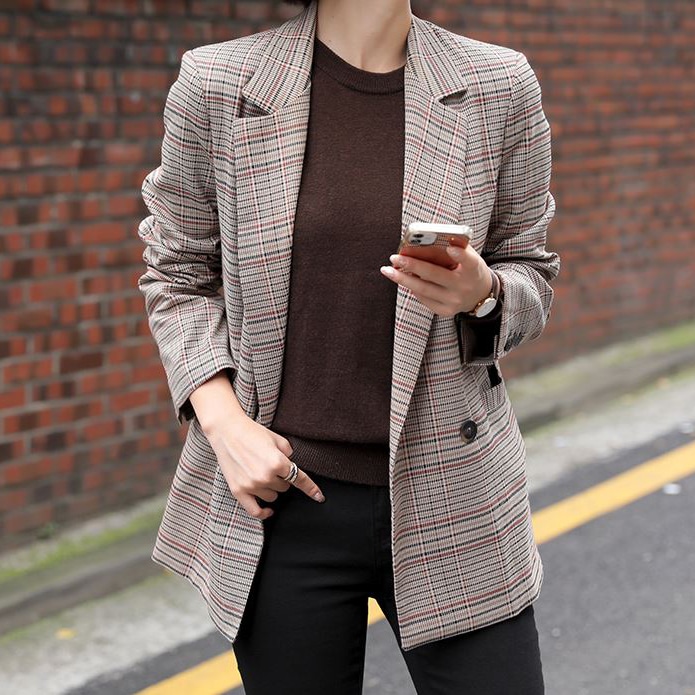 [韓国ファッション]ダブルボタン チェックジャケット
