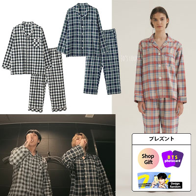 [BTS JIMIN x JUNGKOOK pajamas] フランネル チェック パジャマ set/ Jos lounge Coral Plaid Pajama Set