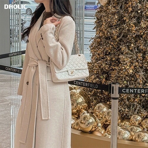 [メガ割りSALE]ストラップ付ウール混ダブルボタンロングコート