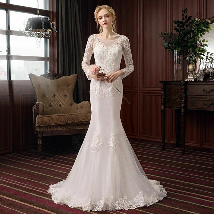 ウェディングドレス マーメイドドレス レース 白 花嫁ドレス ブライダルドレス マーメイドライン タイトドレス ホワイト ウェディング ドレス 袖あり 長袖 二次会ドレス トレーンドレス 海外挙式 披