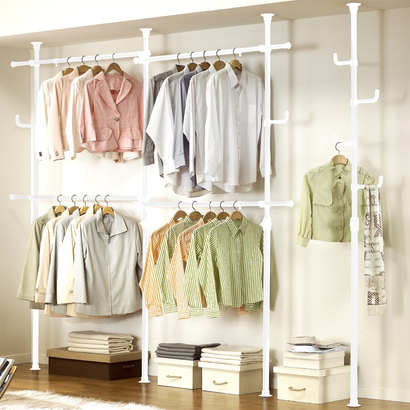 【簡単】ワンタッチ式突っ張りポールハンガーラック 2段ｘ2列＆ポール1本 総耐荷重156kg 幅200-340cm 高170-280cm シングルフック6個 2way利用可能 WJ-220 正規品