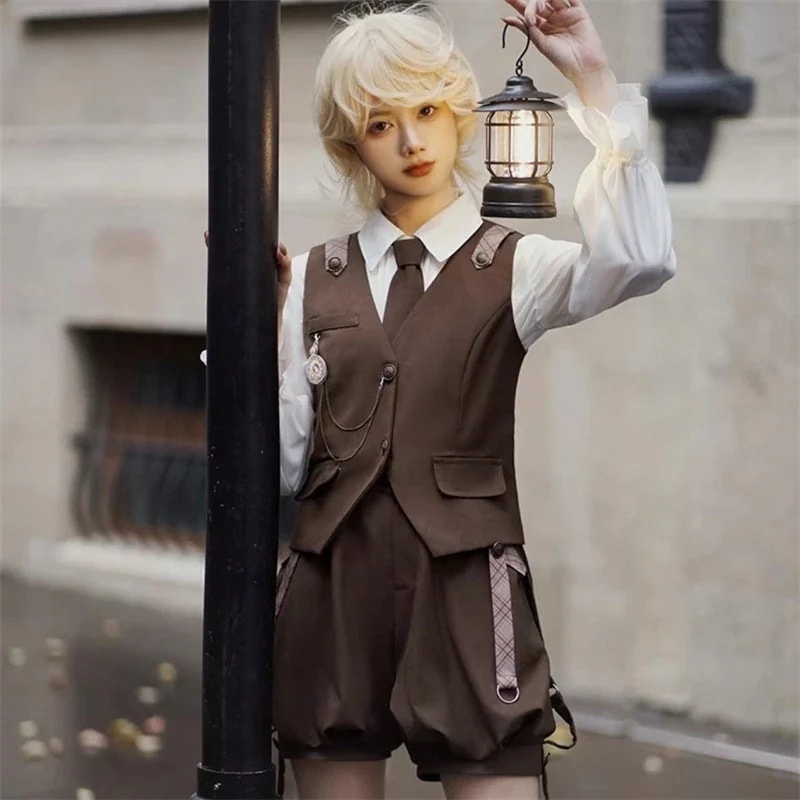 ロリータ セットアップ 復古cla系 王子系 皇子系 探偵 コスプレ シャツ ベスト サスペンダー キュロットパンツ 少年装 レトロ おしゃれ ゴスロリ