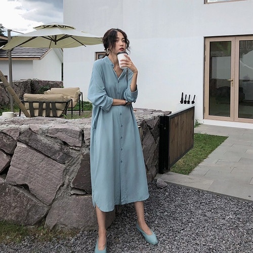 A1244　ゆったりシャツワンピース　長袖　水色