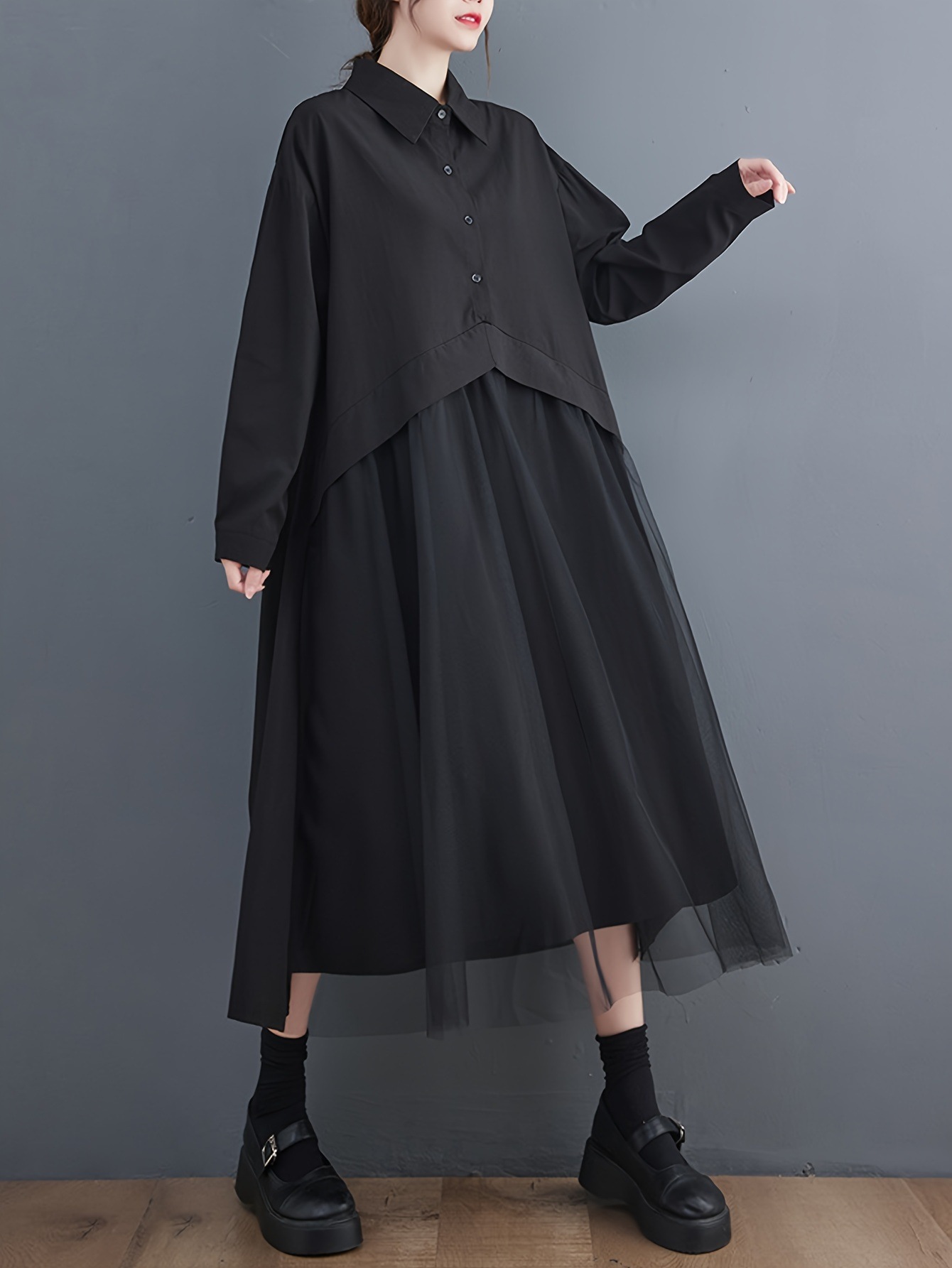 ボタンフロントミックスメディアドレススタイリッシュな長袖メッシュオーバーレイルーズシャツドレス春と秋のレディース服