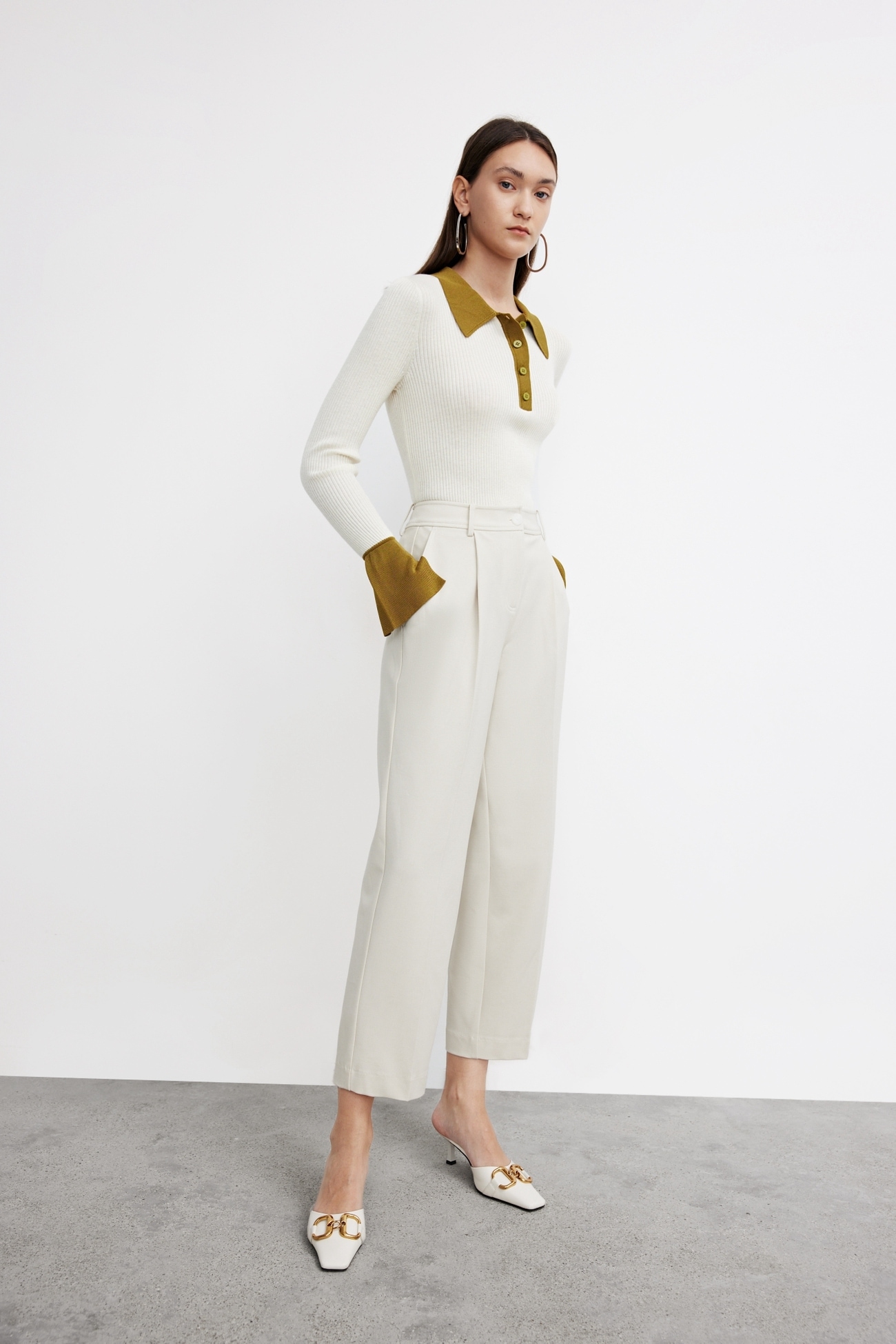 秋 冬 レディース ファッション コントラストカラー ポロカラー タイトニット 長袖Tシャツ アイボリーホワイト XS S M L XL トップス 袖あり 長袖 かわいい 大人可愛い きれいめ