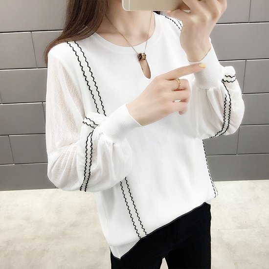 ニット レディース 長袖 サマーニット 薄手 オフィス 通勤 ボリューム袖 刺繍 ライン 透け感 レース袖 春夏 春 きれいめ 薄手ニット 長袖トップス オフィスコーデ レディースニット