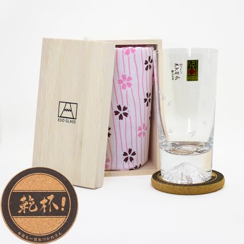 富士山タンブラーグラス 桜切子桜風呂敷包み コースター付き 田島硝子