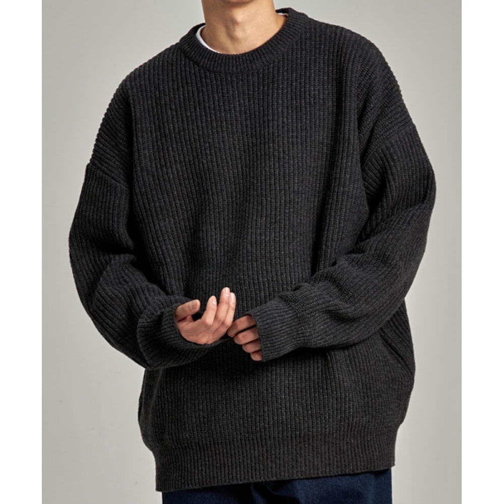 TAKEASY ラムスウールクルーネックオーバーニット（チャコール）