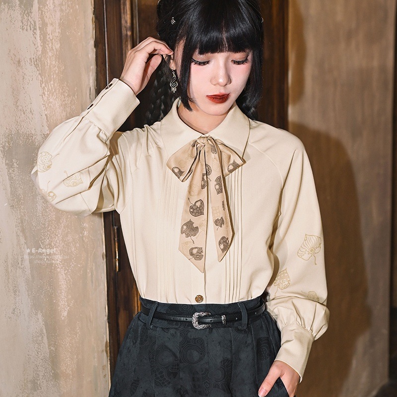 リボンシャツ ブラウス 長袖 杏色トップス 落ち葉プリント ランタンスリーブ 取り外し可ネッカチーフ オリジナル 可愛い 合わせやすいシャツ