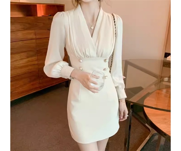 フェイクツーピース レディース ワンピース ニットワンピ ミニ ショート 長袖 Vネック タイト スリム 細身 ウエストマーク ハイウエスト ボタン かわいい 大人可愛い きれいめ カジュアル 上品