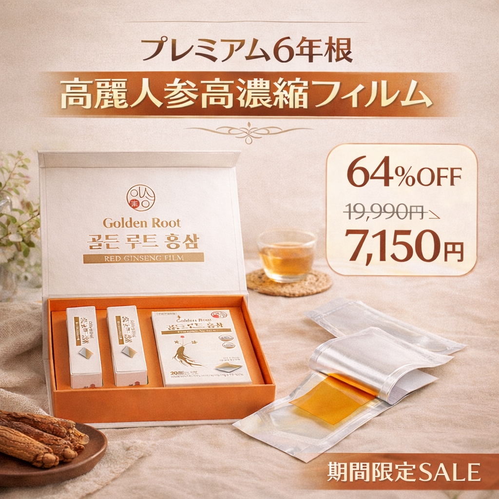 【公式】高麗人参サプリ 6年根 韓国産 高濃縮 フィルムタイプ ゴールデンルート/ 免疫サポート / 毎日の健康ケア / 60枚1ヶ月分
