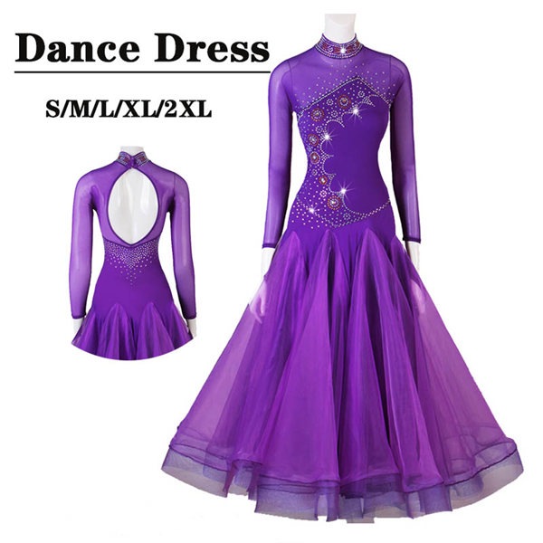 社交ダンスドレス モダンドレス ダンス衣装 ワンピース 衣装 スタンドカラー ハイネック オープンバック 長袖 袖あり 透け感 ビジュー 豪華 スタンダードドレス ワルツ モダン 競技ダンス ダンスウ