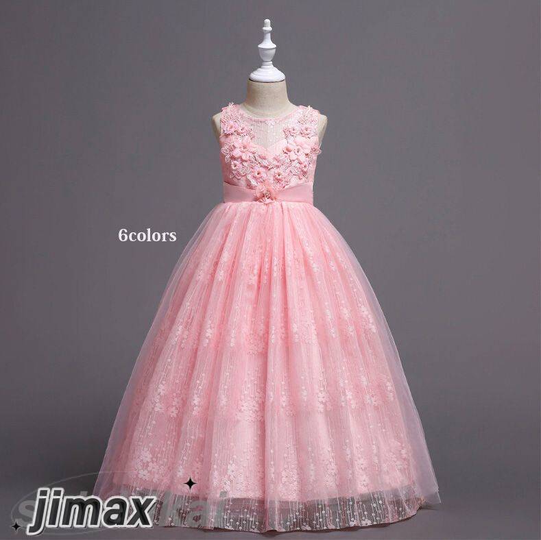 お姫様ドレス サファイア　ホワイト 6colors レース ロング丈　子供ドレス フォーマルワンピース　子供プリセンスワンピース 子供Aライン　子ども　女の子　ジュニア ピアノ発表会 結婚式 七五三