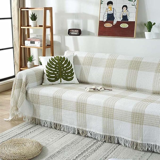 多目的ソファーカバー 長方形 200x230 cm 北欧風 ベージュ チェック柄 タッセル付き 多機能 大型ソファーカバー 3人掛け 肘掛け付き ベッドカバー ブランケット オールシーズン対応 猫と犬