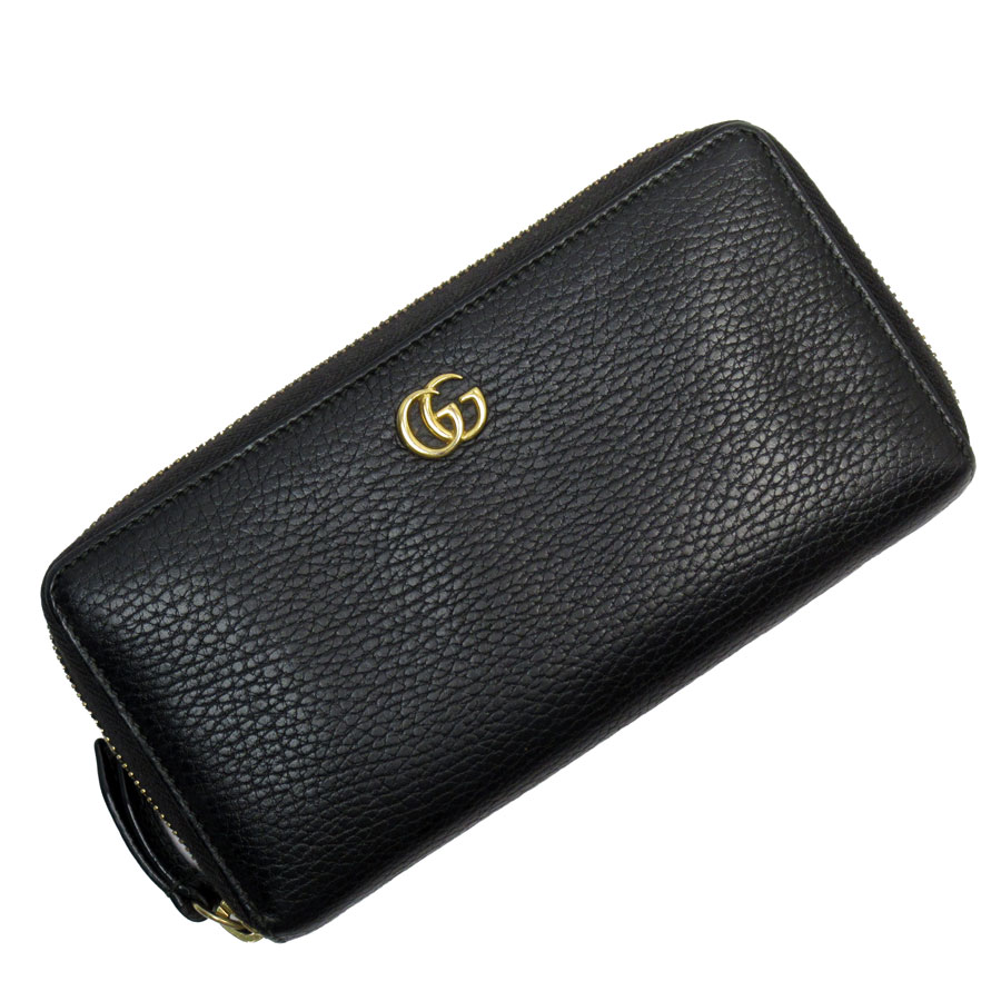 グッチ GUCCI ラウンドファスナー長財布 GGマーモント レザー ブラック ゴールド レディース 456117 w0880a