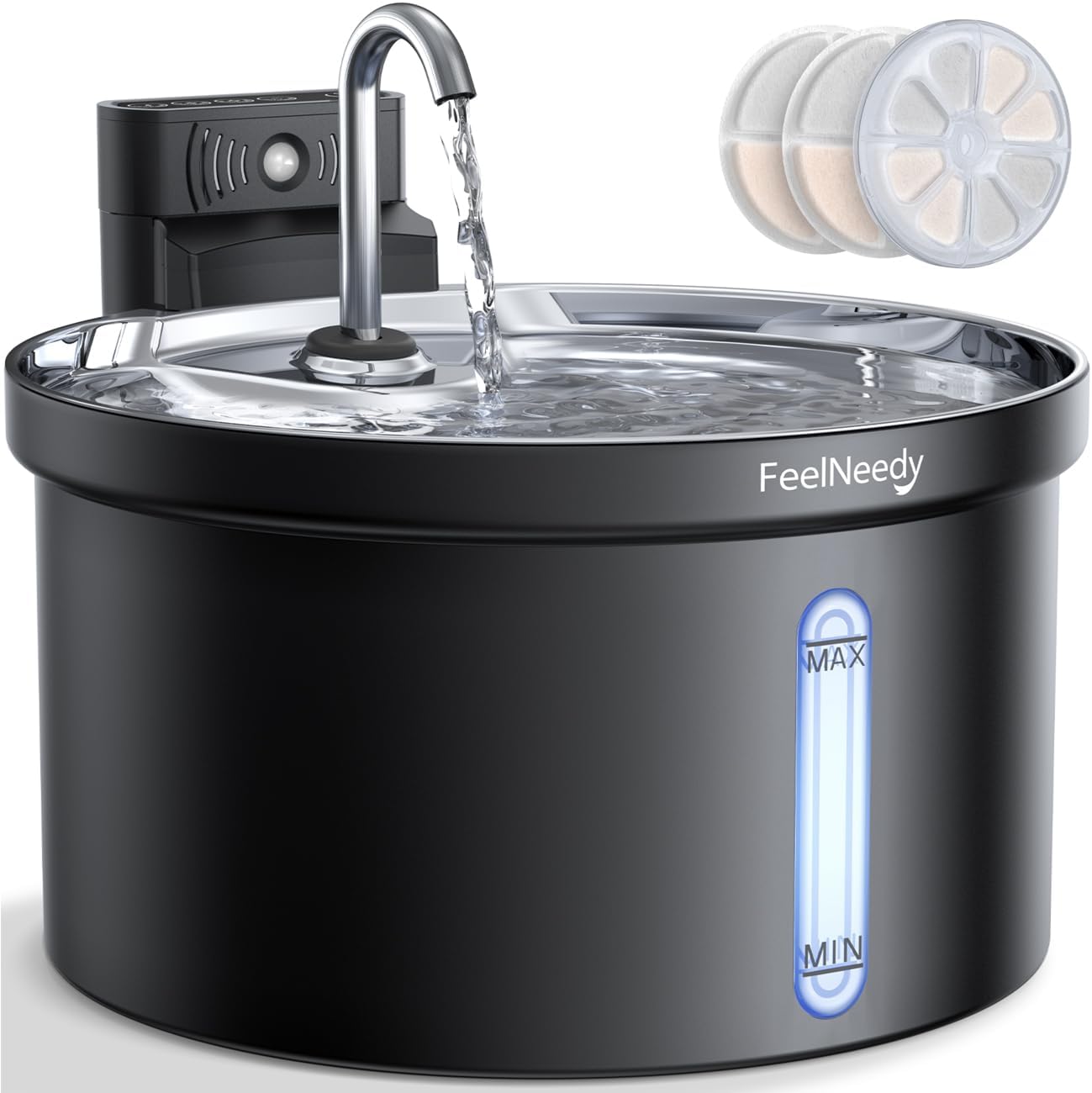 猫 水飲み器 自動 コードレス 充電式 FEELNEEDY 自動給水器 ペット水飲み器 猫 給水器 センサー タイマー 3.5L大容量/4000mAhバッテリー/活性炭フィルター3枚付 ステンレス製貯