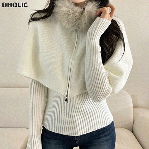 リブエコファーVネックスリム長袖ニット3 SETケープ付ファーセット・1952734