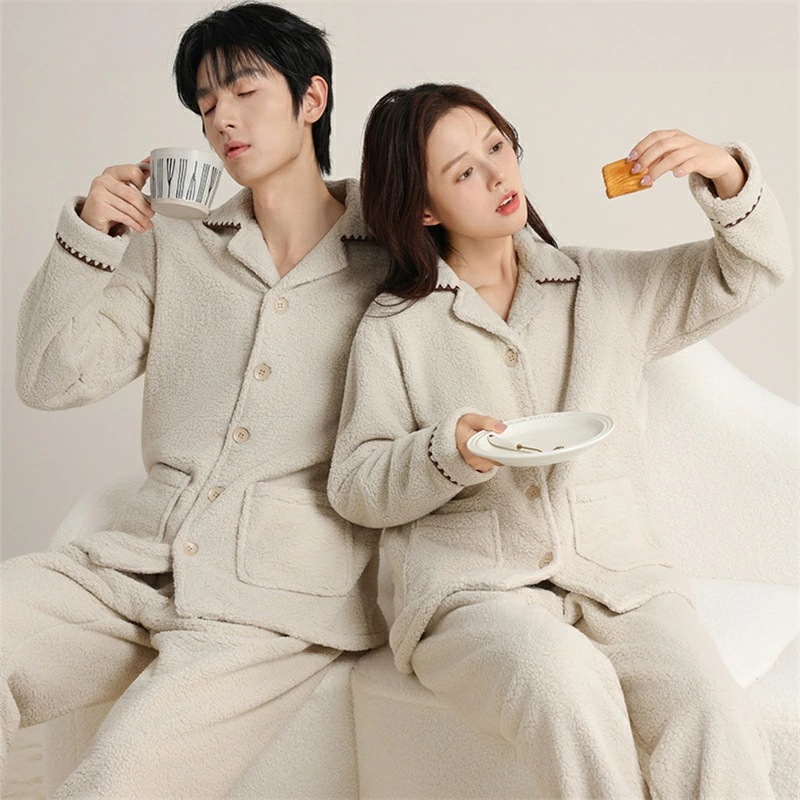 赤字開催 ペアパジャマ もこもこ 冬 厚手 防寒 裏起毛 セットアップ カップル パジャマ 秋冬 無地 折り襟 ルームウェア シンプル おしゃれ ペア 長袖 前開き レディース 夫婦 メンズ 上下セッ