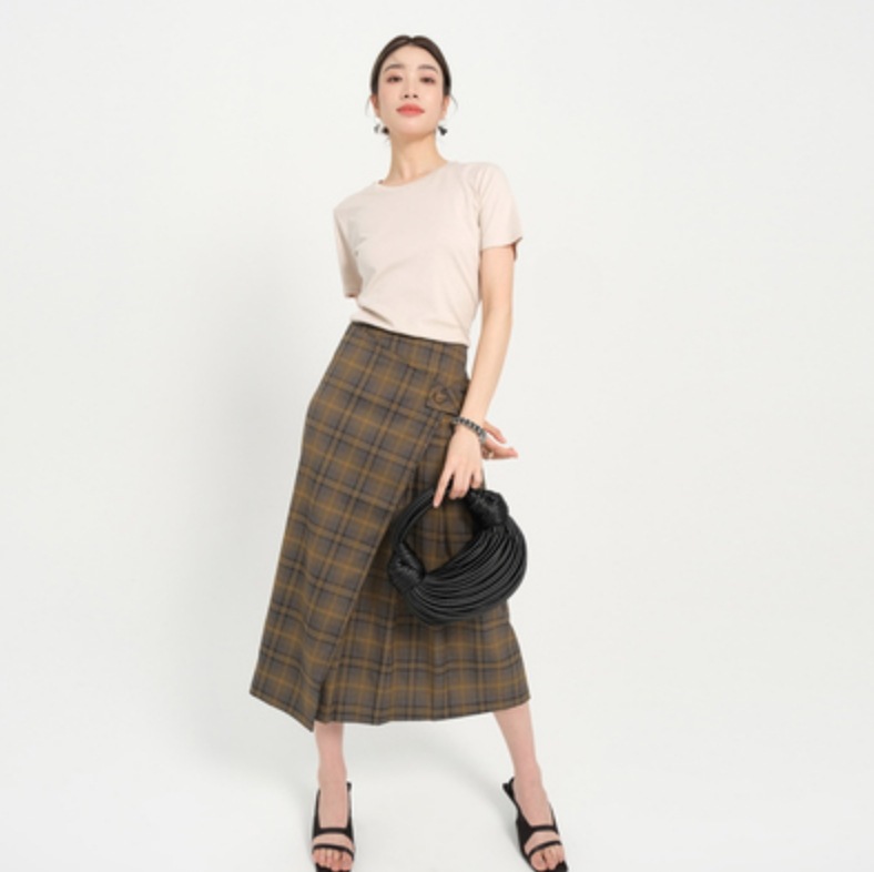スカート セミフレア プリーツ ミモレ 膝下 Iライン 切り替え 大人可愛い きれいめ シンプル ガーリー チェック柄 グレンチェック 春 秋 冬 デート お出かけ 学生 韓国 モテ