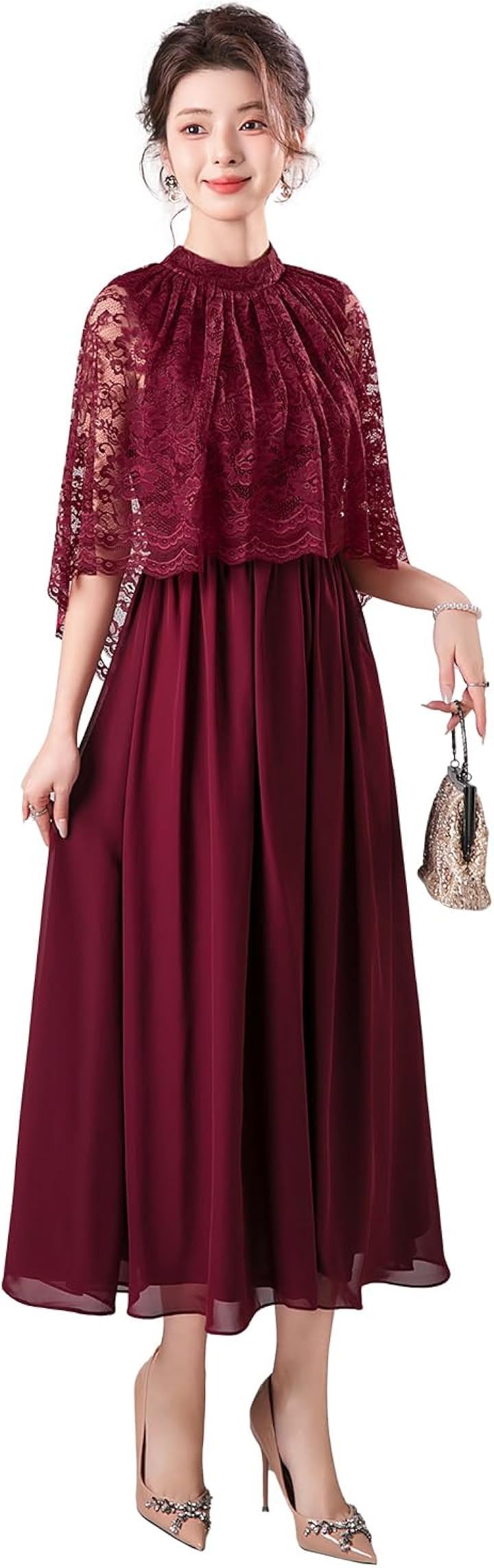 結婚式ドレス ケープ付き ロング レース お呼ばれ 袖あり ミモレ丈 体型カバー Aライン フォーマル(ワインレッド, S)