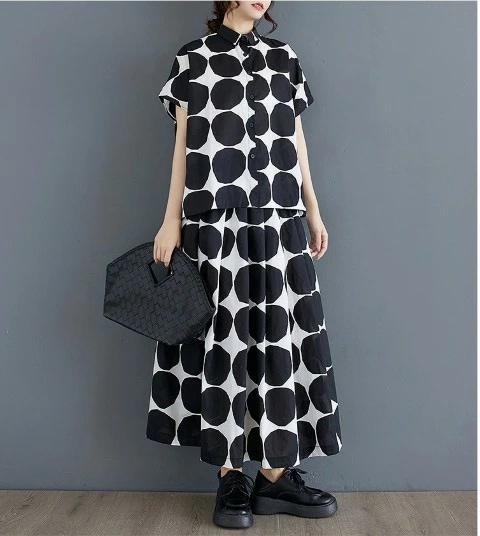 期間限定オファー モデルロングワンピース 半袖 シャツ ブラウス ドット柄 かわいい シンプル カジュアル レディース【大きいサイズ レディース 春夏 結婚式 きれいめ タイト フォーマル 大人 チ