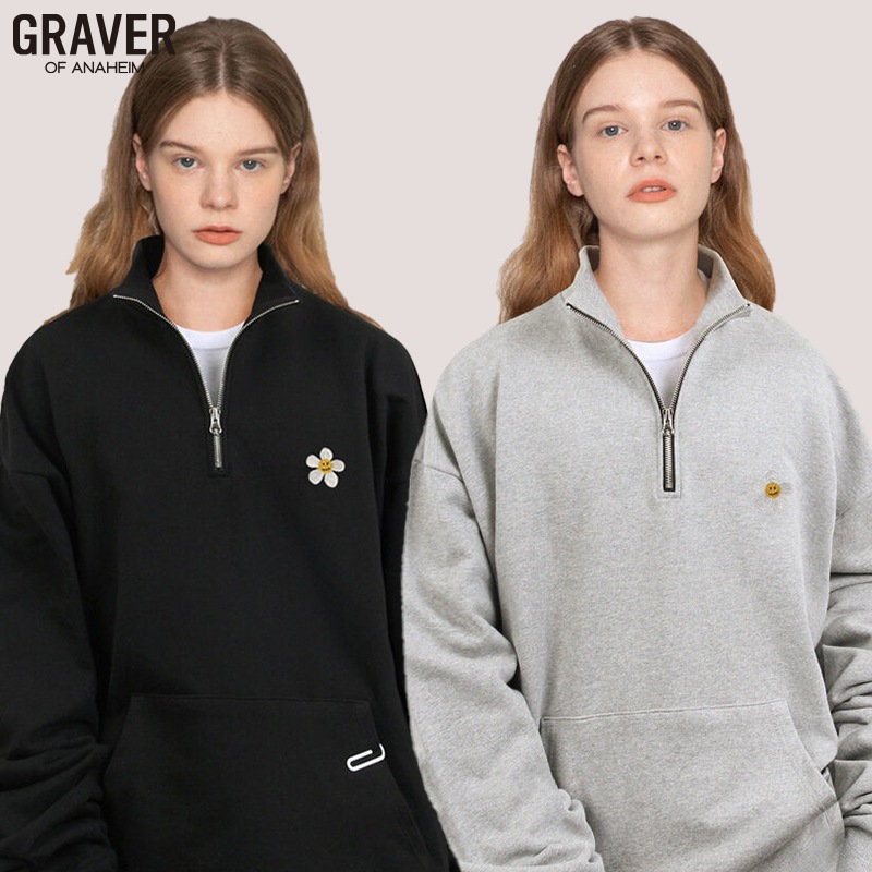 [UNISEX]ストリートフラワー刺繍ハーフ集業スウェット_2color