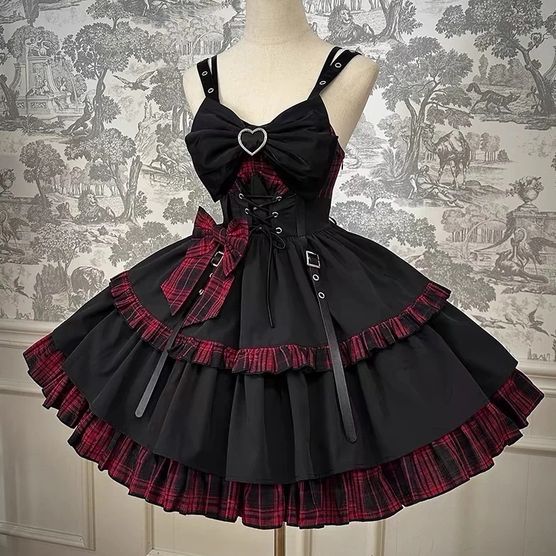 ロリータ コスプレ コスプレ セクシー 新作ロリータ ロリータ ダーク クライン ブルー チェック柄ウエストスリムキャミソールスカート 可愛い 洋装 仮装 大人 文化祭 復活祭