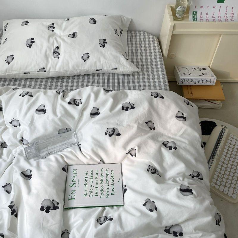 コットン 寝具 布団カバーセット シングル シンプル かわいい チェック柄 セット ベッドカバー 掛け布団カバー フラットシーツ 洗える パンダ アイボリー好評多し