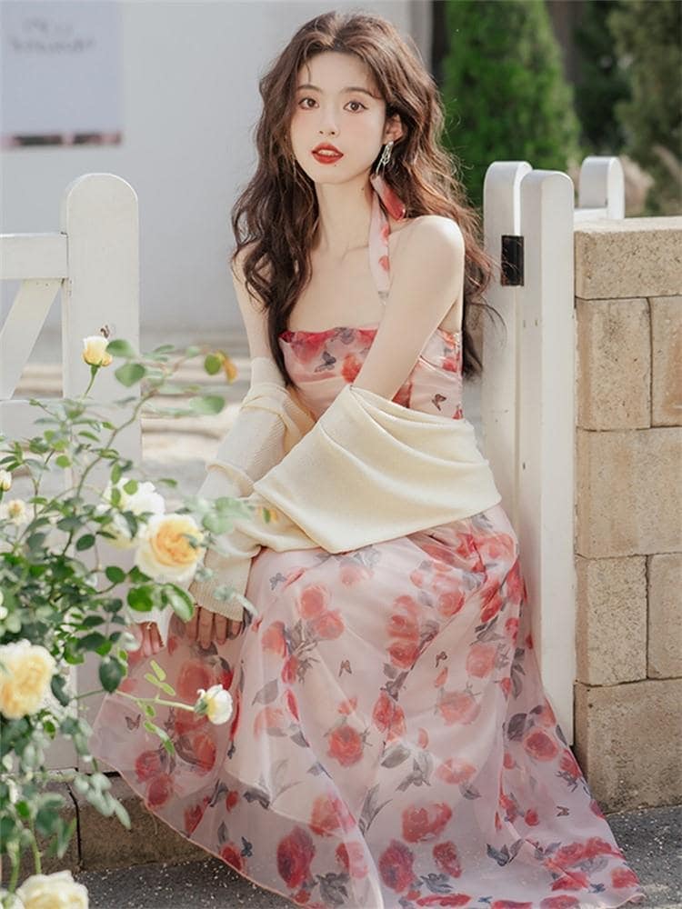 パーティードレス 春夏 新作 フランス ロマンチック 復古 ワンピース 森系 海辺で休暇を過ごす 花柄キャミソールスカート 2点セット ティーブレイクドレス