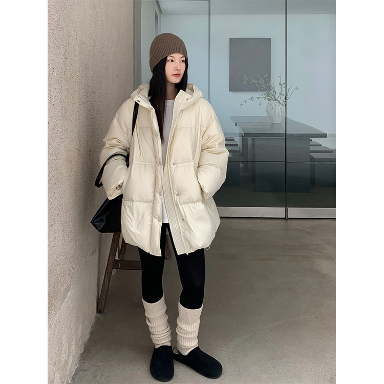 女性用ミドル丈ダウンパファージャケット新しい冬スタイル厚手で暖かいゆったりとしたフード付きコート