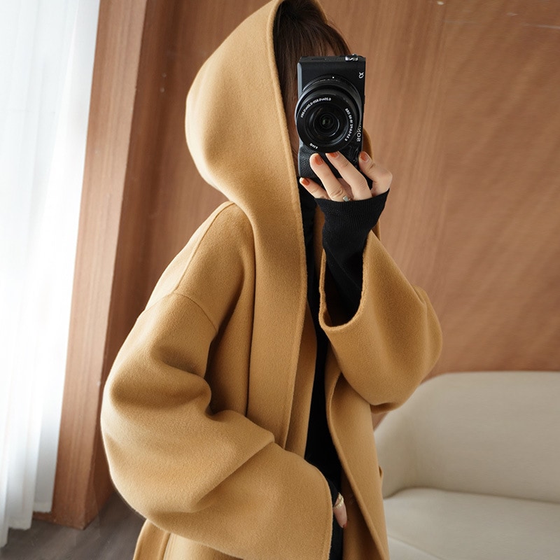 全ウールの毛はコートの両面ですカシミヤのコートの中の長さは帽子と秋冬のチェーンがゆったりしています