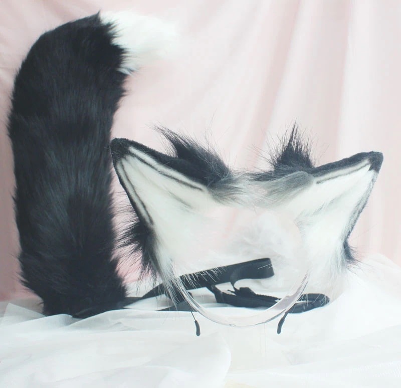 鹿の女の子-黒狼獣耳ヘッドバンド獣尾野生狼王黒と白狼耳コスプレ狼尾 母の日-0010107