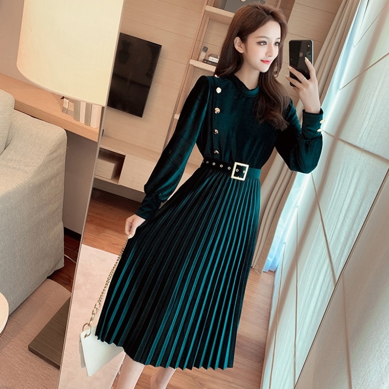 プリーツワンピース クラシック スイート ブラック 黒 グリーン 緑 ミドル丈 袖あり 長袖