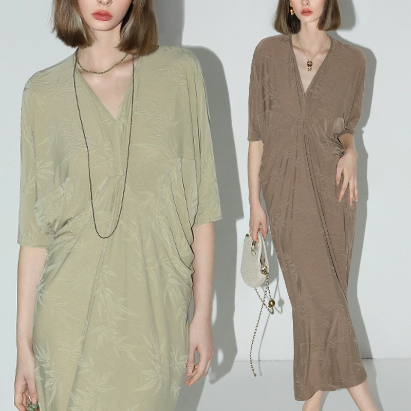 ニットワンピース ロング丈 バットスリーブ プリーツ ボディカバー 大人向けワンピース 膝丈 20代 30代 40代 上品 エレガント セクシー シンプル パーティーワンピース　24649